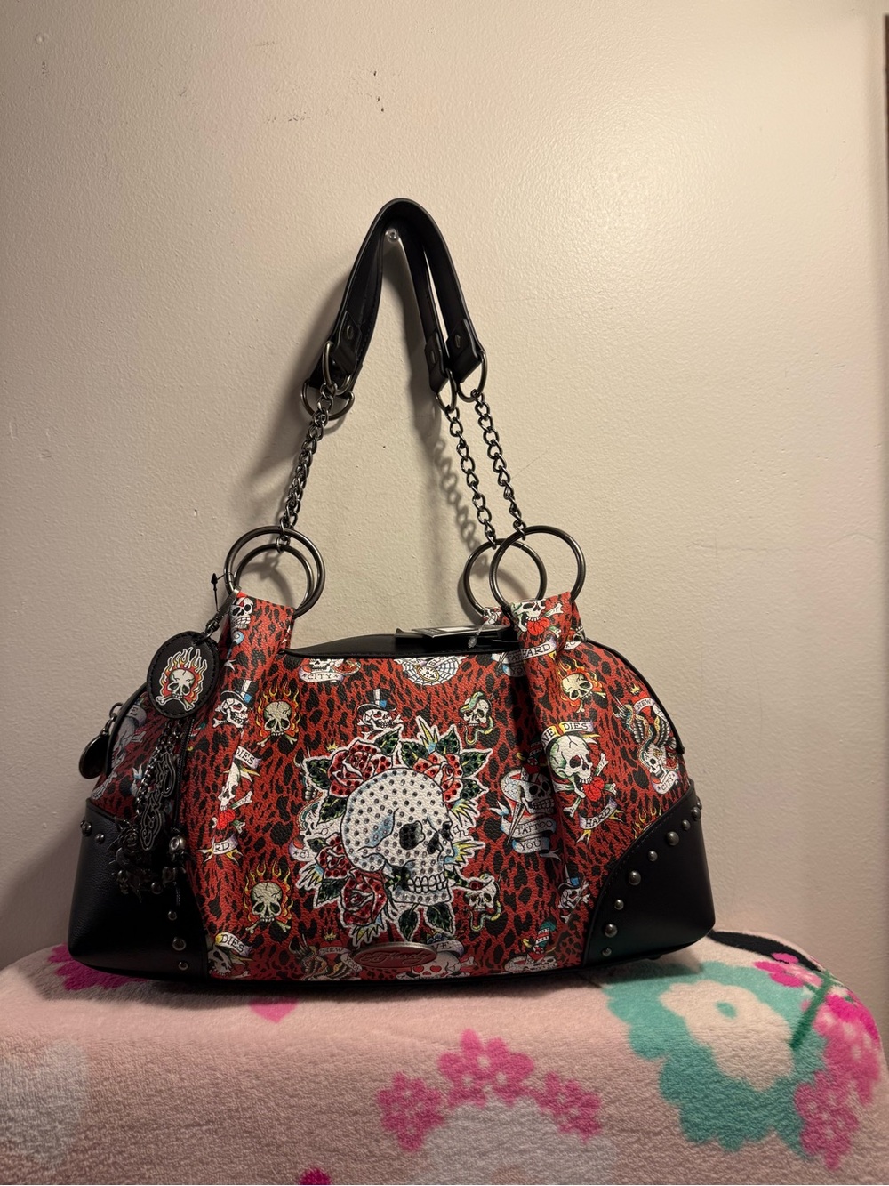 Ed Hardy Tote Skull Cheetah print with 6 gothic charms BNWT